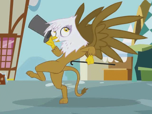 Size: 640x480 | Tagged: safe, artist:misterdavey, character:gilda, species:griffon, animated, cane, clothing, dancing, female, gif, gilda wants you to shut up, grimdark source, hat, michigan j. frog, smiling, solo, top hat, wings, youtube link