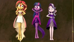 Size: 2670x1502 | Tagged: safe, artist:fazbearsparkle, character:daydream shimmer, character:midnight sparkle, character:starlight glimmer, character:sunset shimmer, character:twilight sparkle, character:twilight sparkle (scitwi), species:eqg human, my little pony:equestria girls, 3d, alternate hairstyle, armpits, barefoot, clothing, costume, daydream shimmer, dress, feet, lengthen, long hair, midnight sparkle, relaxed, relaxing, source filmmaker