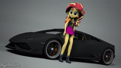 Size: 4096x2304 | Tagged: safe, artist:aryatheeditor, character:sunset shimmer, my little pony:equestria girls, 3d, boots, car, clothing, female, high heel boots, jacket, lamborghini, lamborghini huracan, photoshop, pose, shirt, shoes, simple background, skirt, solo, studio, supercar, vignette, wheel, white background