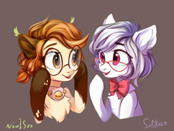 Size: 1080x810 | Tagged: safe, artist:inowiseei, artist:sofiko-ko, oc, oc only, oc:silver beam, oc:sofi, species:pony, bells, bow tie, chest fluff, collaboration, cute, duo, ear fluff, ear tufts, eye contact, female, glasses, looking at each other, mare, ocbetes, simple background, smiling