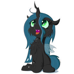 Size: 1500x1500 | Tagged: safe, artist:fajnyziomal, character:queen chrysalis, species:pony, cheek fluff, chest fluff, cute, cutealis, fangs, female, filly, fluffy changeling, looking up, open mouth, simple background, sitting, smiling, solo, stray strand, three quarter view, white background