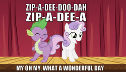Size: 633x363 | Tagged: safe, artist:zutheskunk edits, edit, edited screencap, editor:undeadponysoldier, screencap, character:spike, character:sweetie belle, ship:spikebelle, adorable face, aly & aj, caption, cute, dancing, disney, disney world, duet, eyes closed, female, happy, image macro, lyrics, male, open mouth, shipping, singing, song of the south, song reference, stage, straight, text, zip a dee do dah