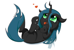 Size: 1500x1000 | Tagged: safe, artist:fajnyziomal, character:queen chrysalis, species:changeling, species:pony, changeling queen, cheek fluff, cute, cute little fangs, cutealis, fangs, female, filly, heart, leg fluff, on back, signature, simple background, solo, tongue out, white background