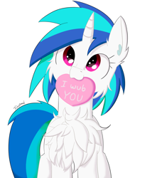 Size: 1500x1700 | Tagged: safe, artist:fajnyziomal, character:dj pon-3, character:vinyl scratch, species:pony, species:unicorn, cheek fluff, chest fluff, cute, ear fluff, female, fluffy, heart, holiday, mare, mouth hold, simple background, solo, valentine, valentine's day, vinylbetes, white background