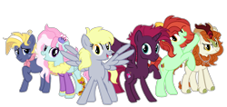 Size: 2341x1103 | Tagged: safe, artist:moonlightdisney5, character:autumn blaze, character:candy apples, character:derpy hooves, character:fizzlepop berrytwist, character:kerfuffle, character:star tracker, character:tempest shadow, species:alicorn, species:earth pony, species:kirin, species:pegasus, species:pony, fizzleverse, alicornified, alternate mane six, alternate universe, amputee, apple family member, applejack's hat, clothing, cowboy hat, freckles, hat, prosthetic leg, prosthetic limb, prosthetics, race swap, tempest gets her horn back, tempest gets her wings back, underp