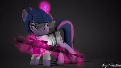 Size: 4208x2367 | Tagged: safe, artist:aryatheeditor, character:twilight sparkle, character:twilight sparkle (scitwi), species:pony, species:unicorn, 3d, badass, elements of harmony, equestria girls ponified, female, geode of telekinesis, glasses, gun, magic, magical geodes, rifle, science, sniper, sniper rifle, solo, unicorn sci-twi, weapon