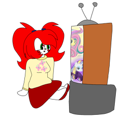 Size: 1378x1378 | Tagged: safe, artist:circuspaparazzi5678, character:fluttershy, character:rarity, species:human, episode:twilight's kingdom, g4, my little pony: friendship is magic, circus baby, female, five nights at freddy's, fluttershy cutie mark, fluttershy sweater, rainbow power, sister location, solo, watching tv