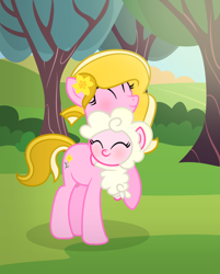 Size: 2000x2492 | Tagged: safe, artist:darbypop1, oc, oc only, oc:floofy (darbypop1), oc:wildflower, species:earth pony, species:pony, species:sheep, cute, duo, eyes closed, female, hug, hybrid, interspecies offspring, mare, mother and daughter, offspring, sheep pony