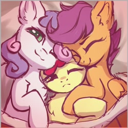 Size: 760x758 | Tagged: safe, artist:inowiseei, character:apple bloom, character:scootaloo, character:sweetie belle, species:earth pony, species:pegasus, species:pony, species:unicorn, adorabloom, bed, chest fluff, cuddling, cute, cutealoo, cutie mark crusaders, dawwww, diasweetes, female, filly, hnnng, inowiseei is trying to murder us, lidded eyes, looking at you, lying down, one eye closed, precious, sleepy, smiling, sweet dreams fuel, weapons-grade cute