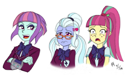 Size: 1024x618 | Tagged: safe, artist:mayorlight, character:sour sweet, character:sugarcoat, character:sunny flare, my little pony:equestria girls, about to cry, colored, crossed arms, crying, drawing, open mouth, sad, scene interpretation, shocked, simple background, teary eyes, twilight's sparkly sleepover surprise, white background