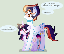 Size: 2008x1696 | Tagged: safe, artist:moon-rose-rosie, oc, oc:celestial moon, oc:shining ray, parent:rainbow dash, parent:soarin', parent:spitfire, parent:twilight sparkle, species:alicorn, species:pegasus, species:pony, species:unicorn, blushing, female, magical lesbian spawn, male, offspring, size difference