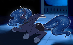 Size: 1279x783 | Tagged: safe, artist:ajin, character:princess luna, species:alicorn, species:pony, blushing, butt, female, jewelry, lidded eyes, looking at you, looking back, looking back at you, lying down, mare, moonbutt, night, plot, prone, regalia, solo, spread wings, wings