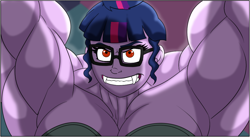 Size: 1140x623 | Tagged: safe, artist:atariboy2600, artist:bluecarnationstudios, character:twilight sparkle, character:twilight sparkle (scitwi), species:eqg human, comic:the amazonian effect iii, my little pony:equestria girls, armpits, bra, breasts, busty sci-twi, busty twilight sparkle, clothing, cropped, explicit series, fangs, glasses, grin, muscles, red eyes, smiling, teeth, twilight muscle, underwear