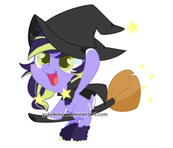 Size: 700x600 | Tagged: safe, artist:yokokinawa, oc, oc only, species:pony, broom, clothing, costume, flying, flying broomstick, halloween, halloween costume, hat, heart eyes, simple background, solo, stars, transparent background, wingding eyes, witch hat, ych result