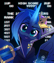 Size: 1300x1522 | Tagged: safe, artist:redchetgreen, character:princess luna, species:alicorn, species:pony, gamer luna, g4, 1up, arcade, cellphone, chromatic aberration, clothing, crown, cute, eyebrows, eyeshadow, female, floppy ears, full face view, gamer, glowing horn, head tilt, high score, hoodie, horn, jewelry, keyblade, kingdom hearts, kingdom key, looking at you, lunabetes, makeup, mare, mario, mass effect, phone, reference, regalia, short hair, smiling, smirk, solo, spread wings, super crown, the legend of zelda, triforce, wings