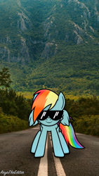 Size: 1215x2160 | Tagged: safe, artist:aryatheeditor, character:rainbow dash, species:pegasus, species:pony, bust, cool, cooler, elements of harmony, irl, mountain, photo, portrait, realistic, smiley face, solo, style, sunglasses, wallpaper