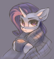 Size: 688x742 | Tagged: safe, artist:inowiseei, character:rarity, species:pony, species:unicorn, blanket, chocolate, drink, female, food, gray background, hot chocolate, looking at you, mare, mug, serious, serious face, simple background, solo