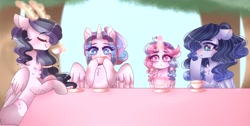 Size: 1280x647 | Tagged: safe, artist:moon-rose-rosie, character:princess flurry heart, oc, oc:celestial moon, oc:eclipsa, oc:flawless harmony, parent:discord, parent:king sombra, parent:princess celestia, parent:princess luna, parent:rainbow dash, parent:twilight sparkle, parents:dislestia, parents:lumbra, parents:twidash, species:alicorn, species:pegasus, species:pony, cup, glowing horn, horn, hybrid, interspecies offspring, magic, magical lesbian spawn, offspring, older, teacup, telekinesis