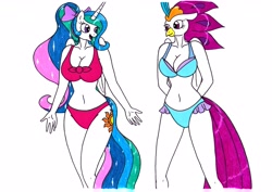 Size: 3499x2478 | Tagged: safe, artist:killerteddybear94, character:princess celestia, character:queen novo, species:alicorn, species:anthro, species:hippogriff, species:pony, adorasexy, belly button, bikini, blue swimsuit, clothing, curvy, cute, female, hands behind back, hourglass figure, looking at each other, milf, open mouth, ponytail, red swimsuit, sexy, smiling, swimsuit, traditional art