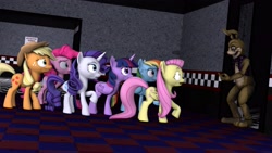 Size: 4551x2560 | Tagged: safe, artist:fazbearsparkle, character:applejack, character:fluttershy, character:pinkie pie, character:rainbow dash, character:rarity, character:twilight sparkle, character:twilight sparkle (alicorn), species:alicorn, species:pony, 3d, five nights at freddy's, five nights at freddy's vr help wanted, freddy fazbear's pizzeria, glitchtrap, help wanted, mane six, scared, shocked, source filmmaker, springbonnie man