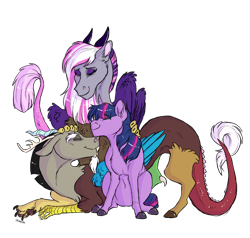 Size: 916x873 | Tagged: safe, artist:shimazun, character:discord, character:twilight sparkle, character:twilight sparkle (unicorn), oc, oc:pandora, parent:discord, parent:twilight sparkle, parents:discolight, species:draconequus, species:pony, species:unicorn, pandoraverse, ship:discolight, draconequus oc, eyes closed, family, father and daughter, female, genderfluid, hybrid, interspecies offspring, male, mare, mother and daughter, next generation, nonbinary, offspring, realistic horse legs, shipping, simple background, straight, transparent background, trio