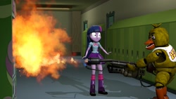 Size: 2773x1560 | Tagged: safe, artist:fazbearsparkle, character:twilight sparkle, my little pony:equestria girls, 3d, canterlot high, chica, crossover, drink dispenser, fire, five nights at freddy's, flame thrower, source filmmaker, surprised