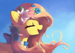 Size: 7016x4961 | Tagged: safe, artist:freeedon, character:fluttershy, species:pegasus, species:pony, absurd resolution, bow, bow tie, converted, cute, eyes closed, female, flower, flower in hair, happy, mare, open mouth, profile, shyabetes, smiling, solo, too big for derpibooru