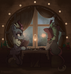 Size: 1900x2000 | Tagged: safe, artist:freeedon, character:cinder glow, character:sparkling brook, character:summer flare, species:kirin, episode:sounds of silence, g4, my little pony: friendship is magic, book, cactus, candle, clothing, cozy, duo, female, flower, flower pot, human shoulders, indoors, leonine tail, lidded eyes, looking out the window, rain, sitting, sweater, window