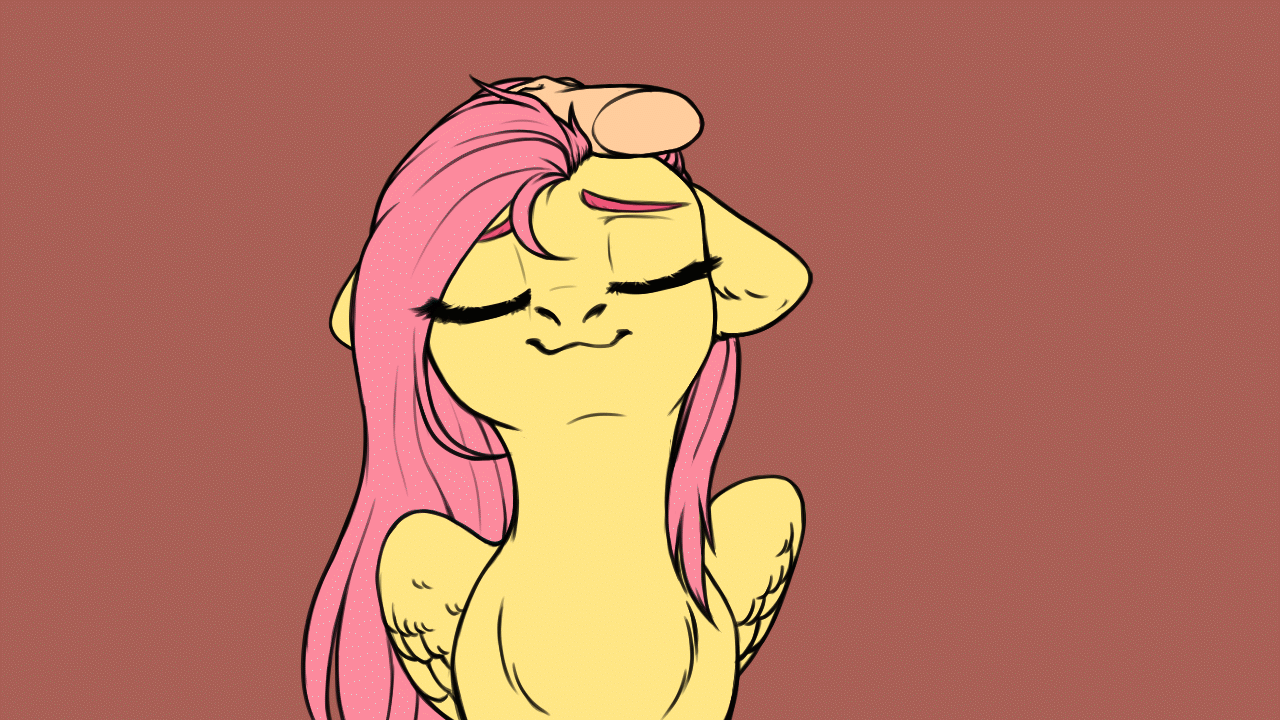 Size: 1280x720 | Tagged: safe, artist:nika-rain, character:fluttershy, species:human, species:pegasus, species:pony, affection, animated, bust, cute, dawwww, disembodied hand, eyes closed, female, frame by frame, gif, hand, hnnng, human on pony petting, mare, misleading thumbnail, offscreen character, one eye closed, petting, portrait, shyabetes, simple background, smiling, weapons-grade cute