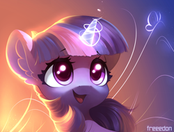 Size: 6537x4961 | Tagged: safe, artist:freeedon, character:twilight sparkle, species:alicorn, species:pony, g4, absurd resolution, background light, bust, cute, ear fluff, female, glowing horn, horn, magic, magic aura, mare, open mouth, open smile, portrait, signature, smiling, solo, three quarter view, twiabetes, wallpaper