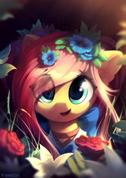 Size: 4961x7016 | Tagged: safe, artist:freeedon, character:fluttershy, species:pegasus, species:pony, g4, absurd resolution, beautiful, bust, clothing, converted, cute, ear fluff, eye clipping through hair, female, flower, flower in hair, looking at you, mare, portrait, shyabetes, sidemouth, smiling, solo, too big for derpibooru