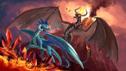 Size: 1920x1080 | Tagged: safe, artist:plainoasis, character:princess ember, oc, species:dragon, civil war, crystal, digital painting, dragon lands, dragon lord ember, dragon oc, dragoness, evil grin, female, fight, grin, lava, quadrupedal, smiling, spread wings, usurpation, volcano, wings