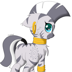 Size: 1500x1500 | Tagged: safe, artist:fajnyziomal, character:zecora, species:zebra, butt, cheek fluff, chest fluff, cute, featureless crotch, female, floppy ears, looking at you, looking back, looking back at you, plot, rear view, signature, simple background, smiling, solo, white background, zecorable