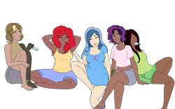 Size: 4701x2912 | Tagged: safe, artist:emberfan11, artist:icey-wicey-1517, edit, oc, oc only, oc:apple berry, oc:evening glitter, oc:tinker (ice1517), oc:twinkle mint, oc:white lilly, parent:applejack, parent:derpy hooves, parent:doctor whooves, parent:minuette, parent:starlight glimmer, parent:strawberry sunrise, parent:sunset shimmer, parent:trixie, parents:applerise, parents:doctorderpy, parents:minixie, parents:shimmerglimmer, species:human, icey-verse, amputee, arm behind head, armpits, barefoot, belly button, braces, breasts, clothing, collaboration, color edit, colored, cyborg, dark skin, dress, evening lilly, eyes closed, feet, female, food, humanized, humanized oc, lesbian, looking at each other, magical lesbian spawn, midriff, miniskirt, nose piercing, nose ring, oc x oc, offspring, open mouth, piercing, popsicle, prosthetic leg, prosthetic limb, prosthetics, sandals, shipping, shirt, shorts, siblings, simple background, sisters, sitting, skirt, soles, straw, t-shirt, tank top, tattoo, transparent background, wall of tags
