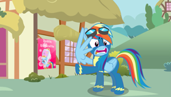 Size: 1189x671 | Tagged: safe, artist:kayman13, artist:ponkus, character:rainbow dash, species:pegasus, species:pony, clothing, dashie antoinette, dress, embarrassed, female, goggles, mare, ponyville, poster, powdered wig, shield, uniform, what is this, wig, wingding eyes, wings, wonderbolts, wonderbolts uniform