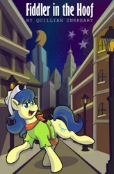 Size: 724x1104 | Tagged: safe, artist:moonlightfan, character:fiddlesticks, species:earth pony, species:pony, fanfic:fiddler in the hoof, apple family member, background pony, cover art, crystaller building, fanfic art, female, manehattan, mare, night, night sky, sky, solo