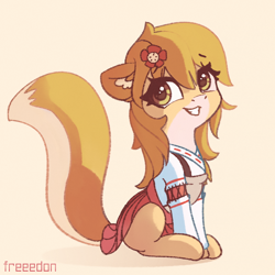 Size: 2000x2000 | Tagged: safe, artist:freeedon, species:earth pony, species:fox, species:pony, adorable face, anime, apron, clothing, crossover, cute, dress, eyelashes, female, flower, fox ears, fox pony, fox tail, god that's cute, god tier, hairpin, happy, japanese, kitsune, looking, looking back, mare, nostrils, open mouth, ponified, senko-san, shirt, signature, sitting, skirt, solo, teeth, text, the helpful fox senko-san, this will end in happiness, this will end with happiness, too cute, waifu