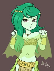 Size: 774x1032 | Tagged: safe, artist:mayorlight, character:wallflower blush, equestria girls:forgotten friendship, g4, my little pony: equestria girls, my little pony:equestria girls, armlet, bedroom eyes, belly button, belly dancer, belly dancer outfit, breasts, digital art, eyeshadow, freckles, jewelry, looking at you, makeup, midriff, necklace, outie belly button, simple background, smiling, veil