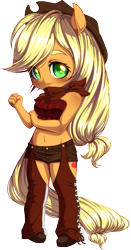 Size: 647x1235 | Tagged: safe, artist:kittehkatbar, character:applejack, species:anthro, species:earth pony, species:pony, bandana, chaps, clothing, female, shorts, solo