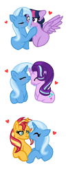 Size: 376x954 | Tagged: safe, artist:darbypop1, character:starlight glimmer, character:sunset shimmer, character:trixie, character:twilight sparkle, character:twilight sparkle (alicorn), species:alicorn, species:pony, species:unicorn, ship:startrix, ship:suntrix, ship:twixie, blushing, female, heart, lesbian, mare, shipping, simple background, transparent background, trixie gets all the mares