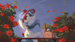 Size: 3000x1700 | Tagged: safe, artist:freeedon, oc, oc only, species:earth pony, species:pony, bench, bow, clothing, commission, female, flower, garden, hat, mare, outdoors, profile, rose, rose garden, rose petals, shopping bags, sitting, smiling, solo, sun hat, tail bow, windswept mane, ych result