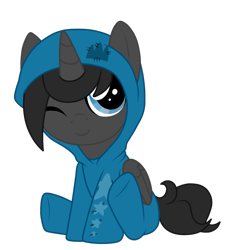 Size: 687x747 | Tagged: safe, artist:crystal-tranquility, oc, oc:ebony, species:alicorn, species:pony, female, filly, one eye closed, onesie, simple background, solo, transparent background, wink
