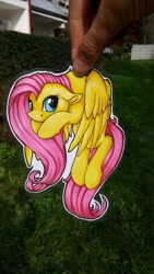 Size: 670x1192 | Tagged: safe, artist:julunis14, character:fluttershy, species:pegasus, species:pony, female, floppy ears, hand, holding a pony, irl, laminated, mare, neck hold, photo, scruff, solo, three quarter view, traditional art, wings
