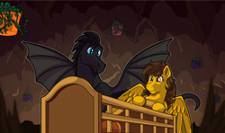 Size: 1160x689 | Tagged: safe, artist:moonlightfan, oc, species:dragon, species:pony, cave, fanfic, fanfic art, fanfic cover