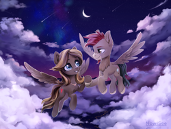 Size: 4000x3000 | Tagged: safe, artist:inowiseei, oc, oc only, oc:caramel breeze, oc:sentinel strut, species:pegasus, species:pony, chest fluff, cloud, commission, female, flying, holding hooves, jewelry, looking at each other, male, moon, necklace, night, oc x oc, shipping, shooting star, straight