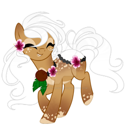 Size: 800x800 | Tagged: safe, artist:crystal-tranquility, oc, oc only, species:pony, coconut, deviantart watermark, eyes closed, female, food, lei, mare, obtrusive watermark, original species, pond pony, simple background, solo, transparent background, watermark