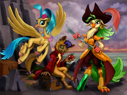 Size: 1600x1196 | Tagged: safe, artist:harwick, character:capper dapperpaws, character:captain celaeno, character:princess skystar, species:abyssinian, species:anthro, species:classical hippogriff, species:hippogriff, my little pony: the movie (2017), amputee, apple, beauty mark, clothing, coat, colored hooves, ear piercing, earring, eating, female, flying, food, hat, jewelry, looking at you, male, necklace, parrot pirates, peg leg, piercing, pirate, pirate hat, prosthetic leg, prosthetic limb, prosthetics, sword, treasure chest, trio, weapon