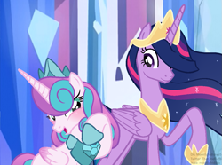 Size: 1023x760 | Tagged: safe, artist:moonlightdisney5, base used, edit, character:princess flurry heart, character:twilight sparkle, character:twilight sparkle (alicorn), species:alicorn, species:pony, episode:the last problem, g4, my little pony: friendship is magic, aunt and niece, big crown thingy 2.0, blushing, crown, crystal empire, future, hair over one eye, jewelry, older, older flurry heart, princess twilight 2.0, regalia