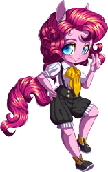 Size: 819x1306 | Tagged: safe, artist:kittehkatbar, part of a set, character:pinkie pie, species:anthro, species:plantigrade anthro, chibi, clothing, cute, female, looking at you, part of a series, shoes, simple background, smiling, solo, transparent background