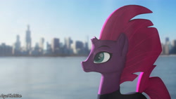 Size: 4096x2304 | Tagged: safe, artist:aryatheeditor, character:fizzlepop berrytwist, character:tempest shadow, species:pony, species:unicorn, my little pony: the movie (2017), 3d, broken horn, building, horn, irl, looking up, morning, photo, photography, ponies in real life, real life background, realistic, smiling, solo, source filmmaker